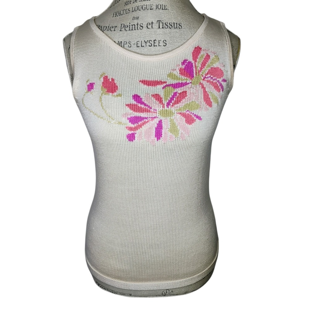Vintage 90s Saks Fifth Avenue Belford Silk Tank Top S Womens Cream Floral Knit